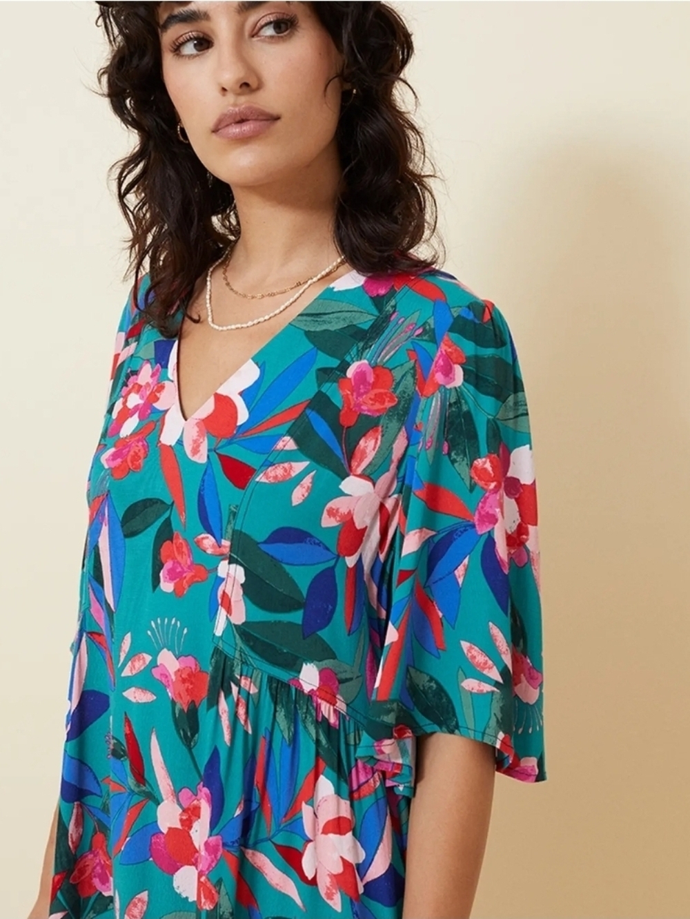 NWT Grace & Mila Teal Floral V-Neck Shift Dress Oversized Boho Cottagecore Flowy - Picture 3 of 12